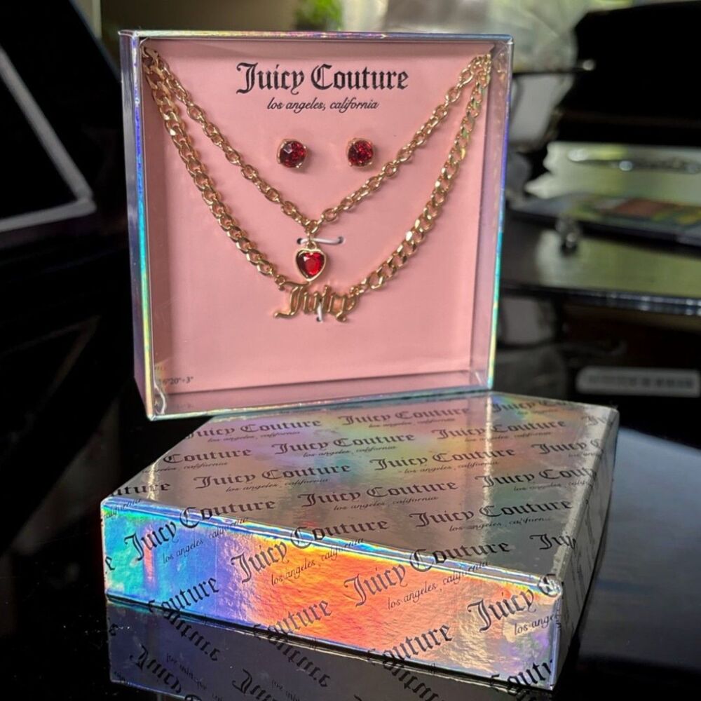 Juicy Couture Layered Necklace & Earrings Set Gold Tone Red Heart NWT Gift Box
